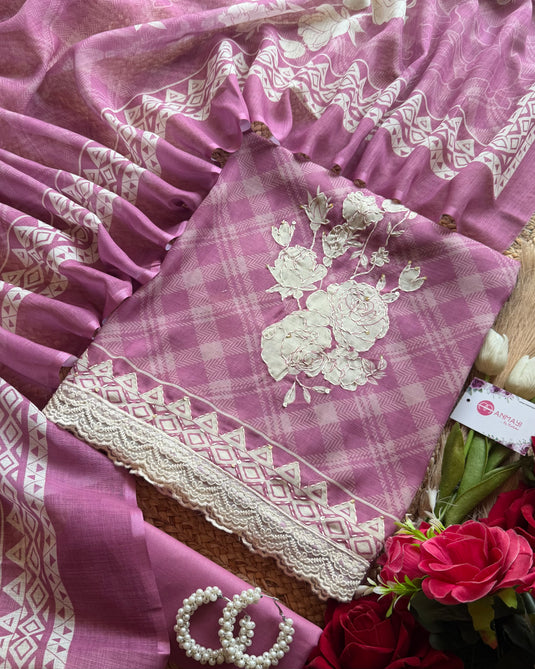 Italian check lavender linen suit set with flower highlight