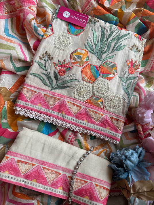 Appliqué work pure mul suits with colour digital print self dupatta