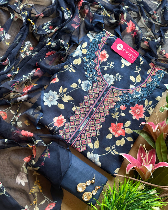 Floral cotton suit with cross stitch neck and pure chiffon printed dupatta