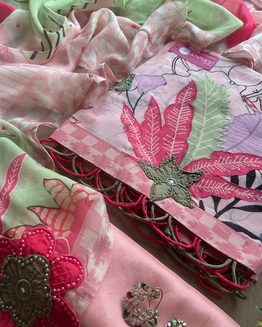 Pure organza highlights candy shades printed suit set