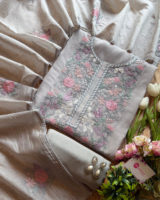 Coloured Lucknawi panel pastel mul chanderi suit set