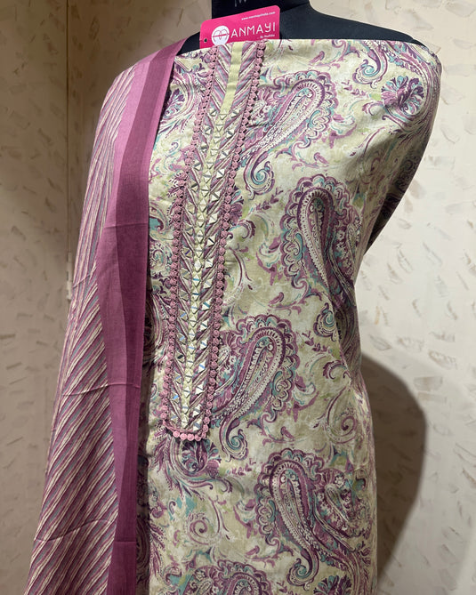 Cambric cotton ambi print suit set with cotton stripes dupatta