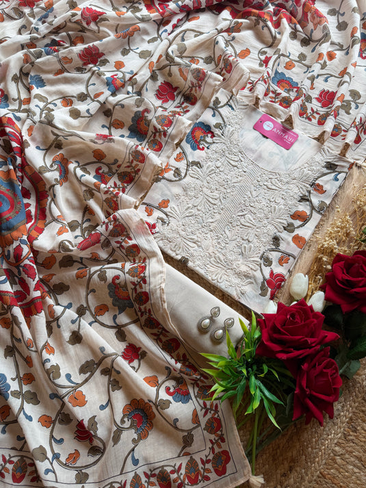 Mul Cotton printed chikankari neck suit set