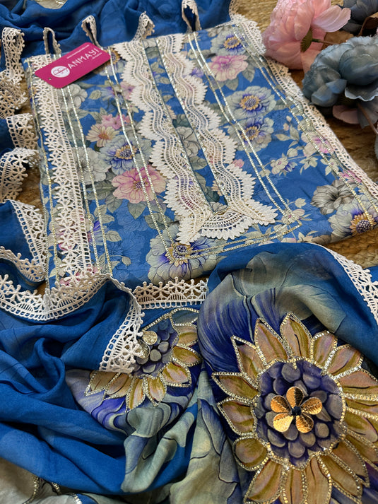 Floral affair muslin cotton patterned suit with pure crepe digital highlighted dupatta