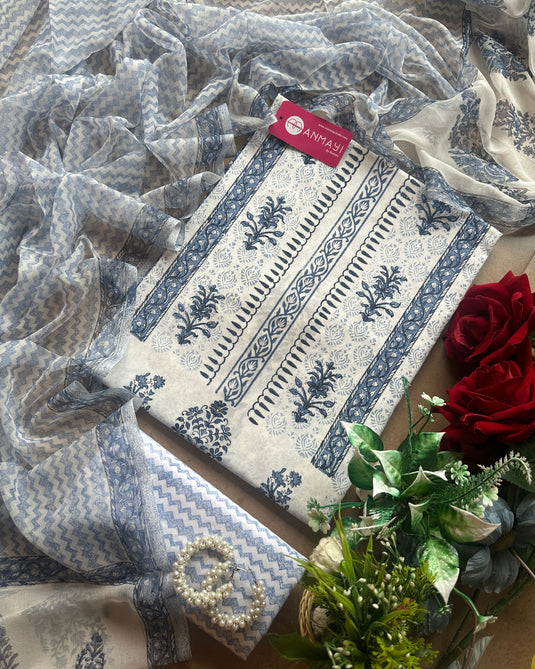 Traditional hand block pure cotton suit set with pure chiffon dupatta