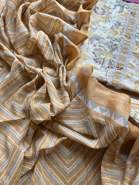 Printed lemon Mul cotton suit with Mul dupatta