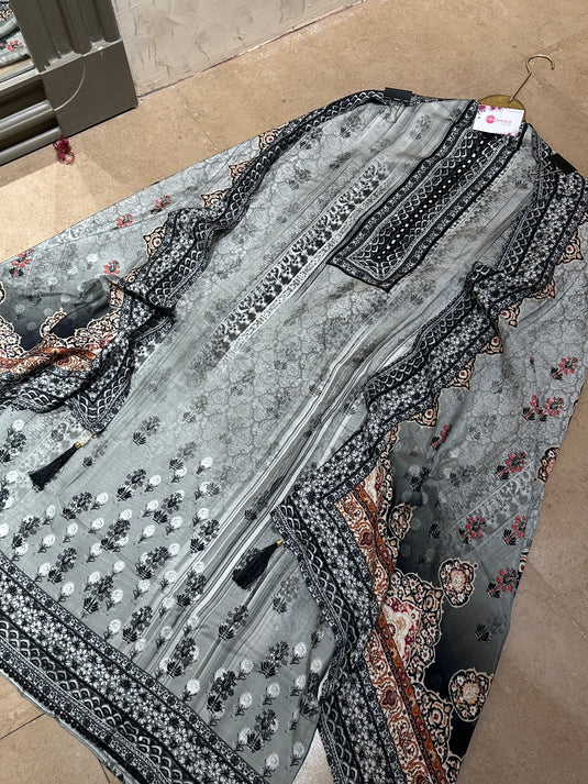 Grey black muslin suit set with mirror crochet neck