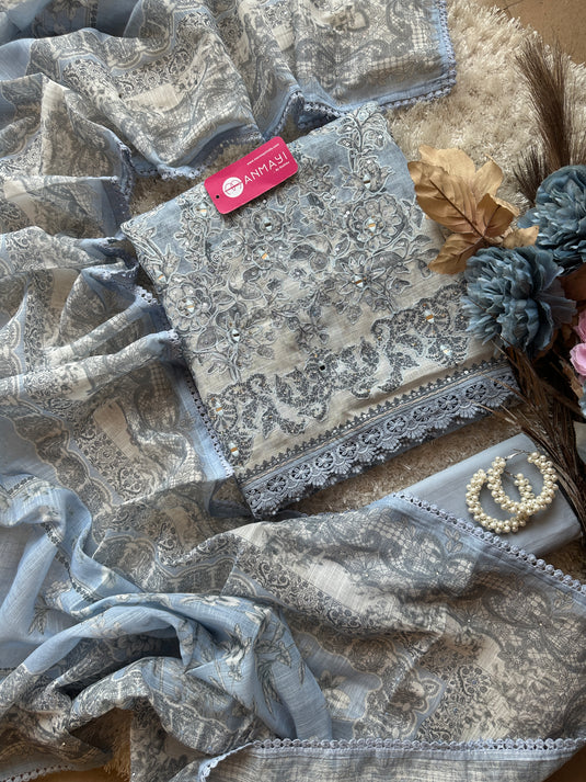 Printed linen Chanderi suits with highlighted thread and mirror details