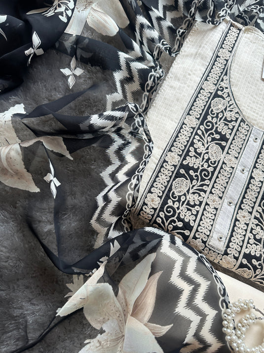 Kota Doria black white Dori embroidered neck with organza dupatta