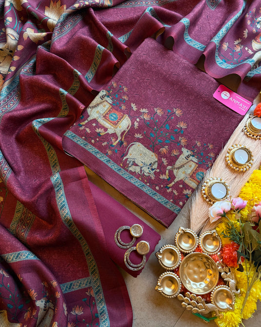 Pichwai printed spun pashmina suit set