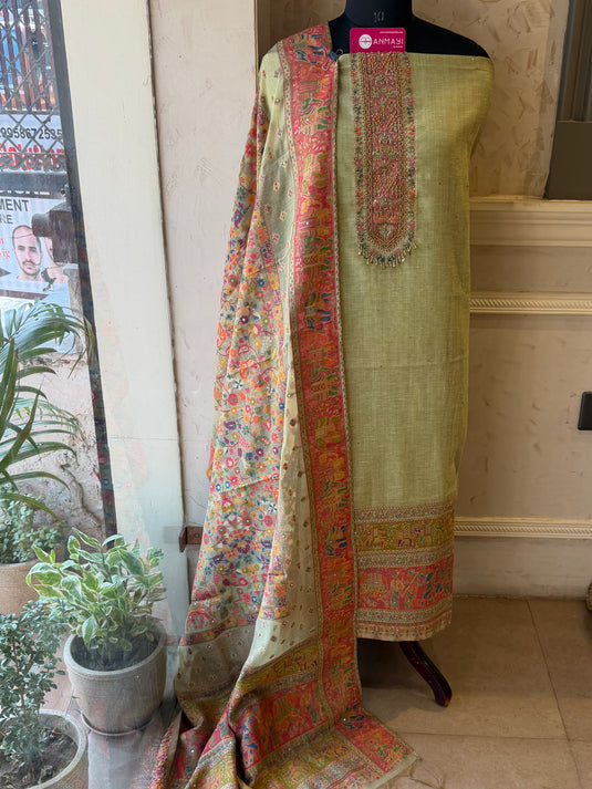 Mint Green Jamdani highlights suit set with Kani weave dupatta