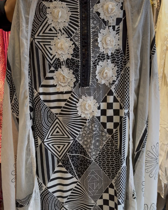 Crochet flowers abstract black n white cotton suit set