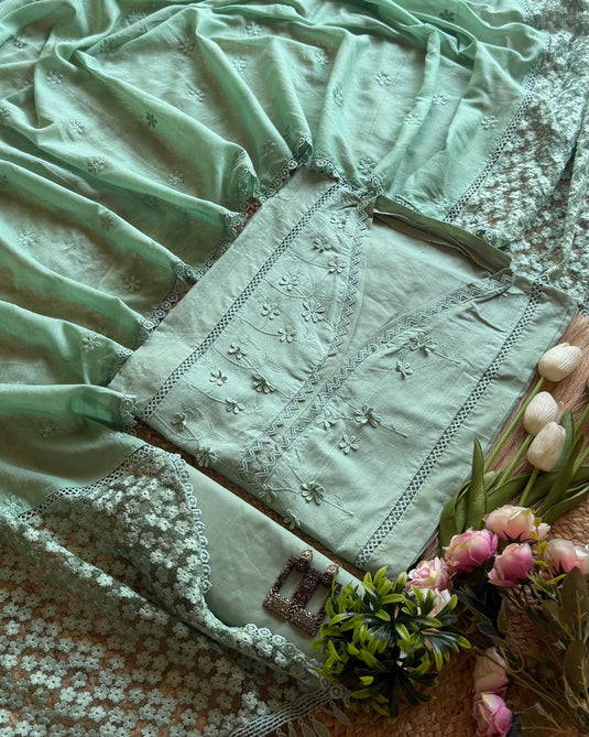 Pakistani semi stitched cotton suit set with 3D flowers and organza patch