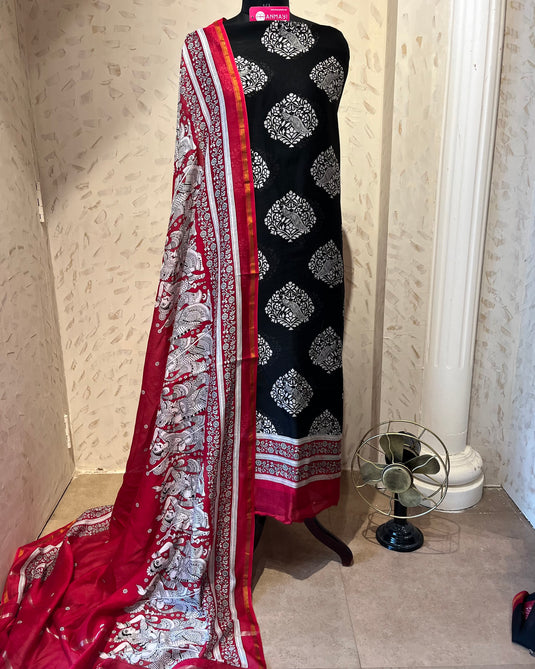 Pure Maheshwari red black combination suit set