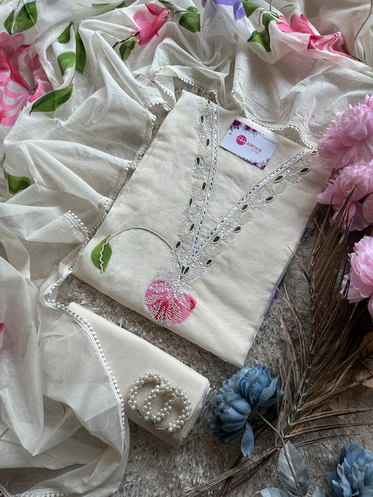Ivory handpaint Mul Chanderi suit set with pearl details
