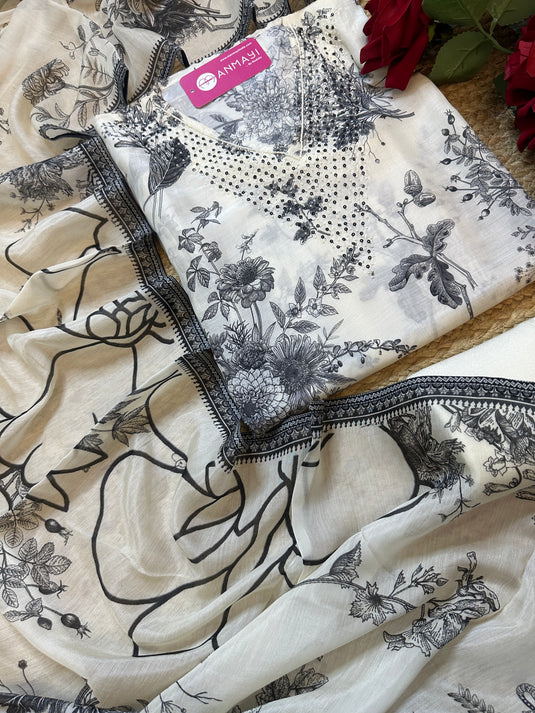 Black and White pure muslin suit set with highlighted v neck