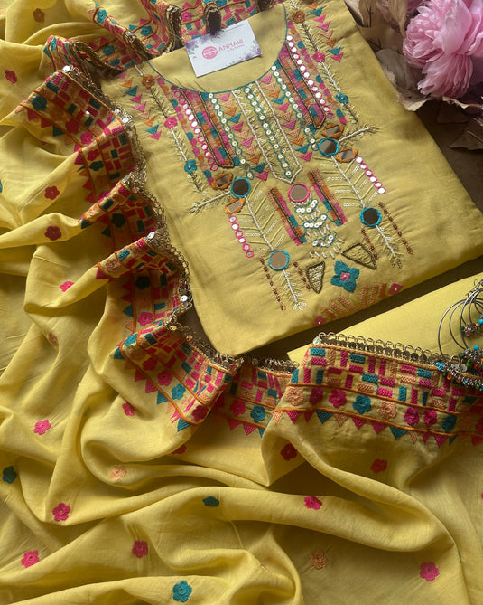 Boho looks mirror work mul chanderi suit set