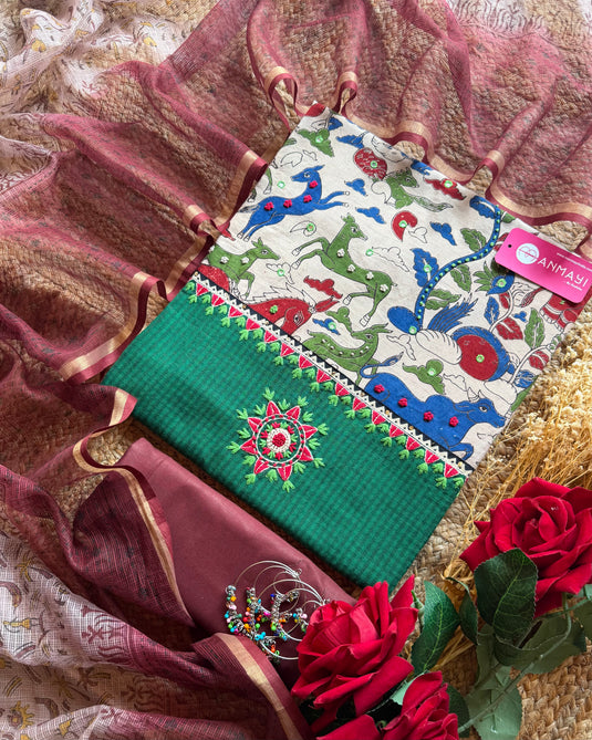 Arabic printed neck pure cotton suit set with Kota dupatta