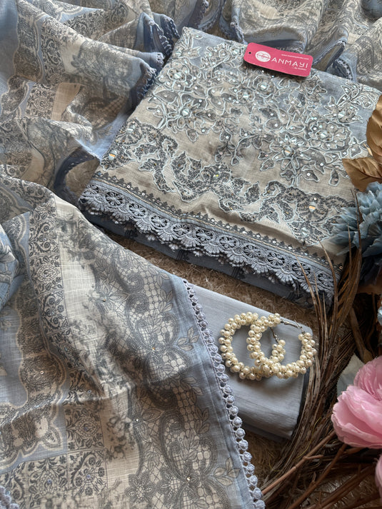 Printed linen Chanderi suits with highlighted thread and mirror details