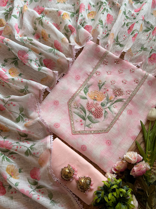 Shaded pastel linens with highlights and combination cream dupatta
