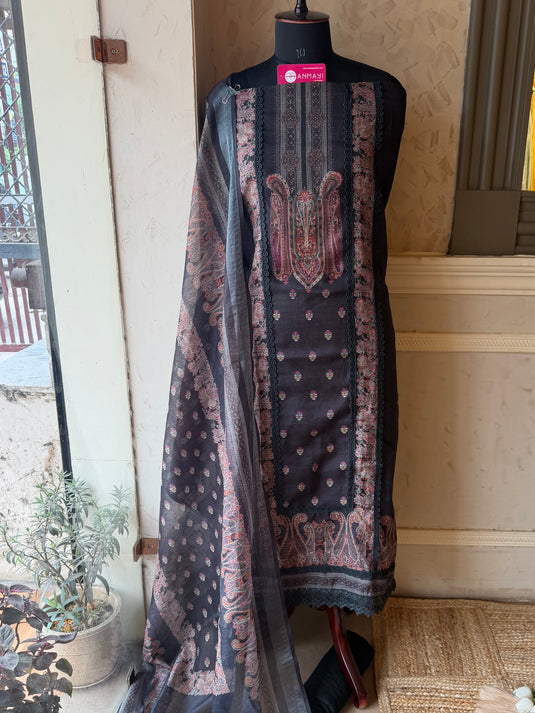 Printed Pakistani shimmer linen suits with Mukaish work