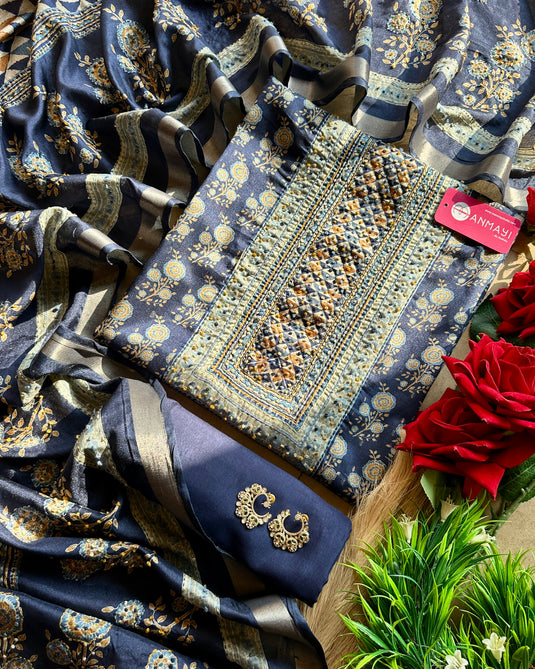 Pure tussar printed knot work suit set