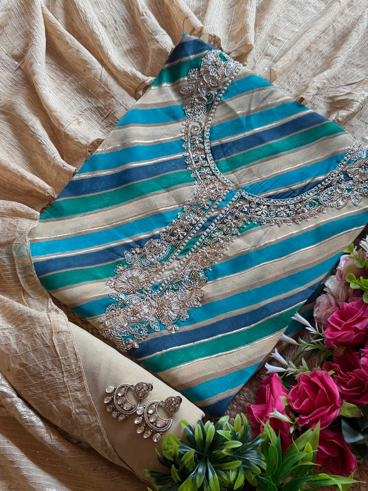 Modal coloured lehria embroidered neck suit with golden stole