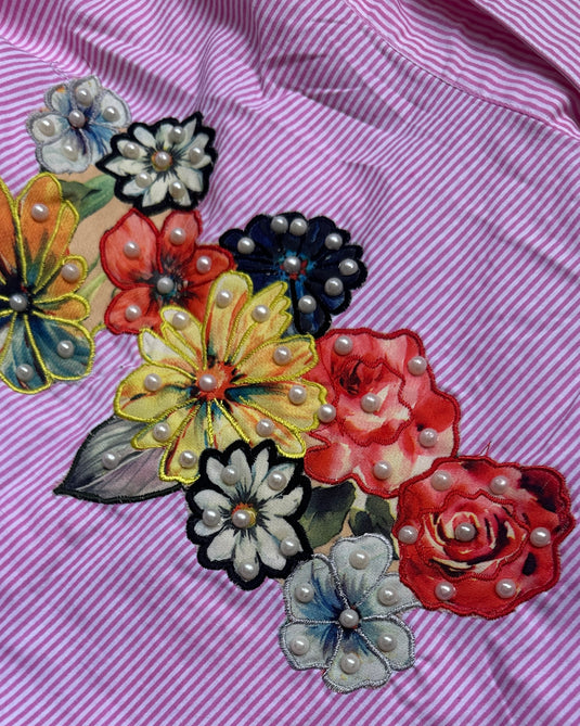 Stripy high low pattern patch pearl detailed coord set with denim bottoms