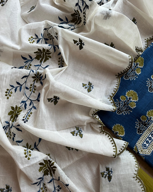 Block print combination suit set with embroidered cotton silk dupatta