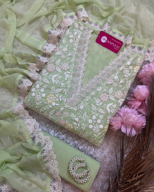 Kota Chikankari v neck suit with pure chiffon mukaish dupatta