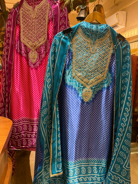 Bandhani dori work gajji silk suit set