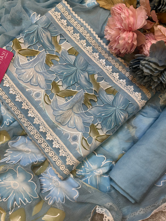 Coloured crochet patch work pure organza suits with handpaint dupatta
