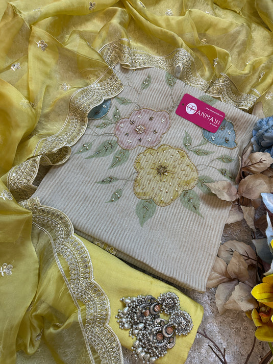 Appliqué work shimmer lines organza suit with embroidered dupatta