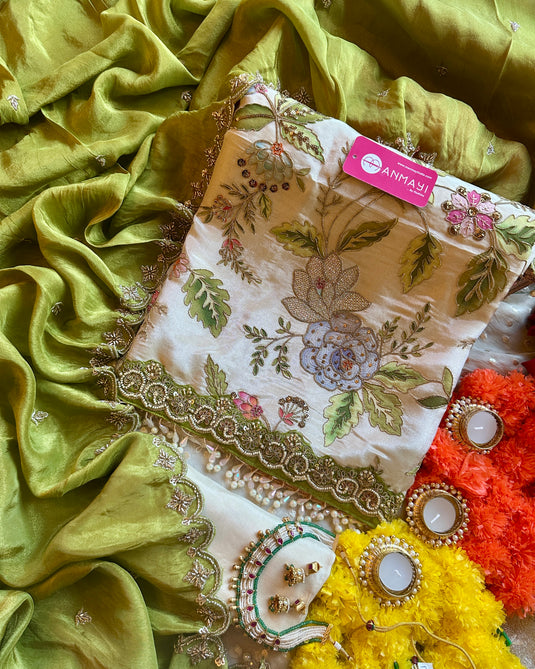 Printed highlighted shimmer silk suit sets with pearl tassels and combination dupatta