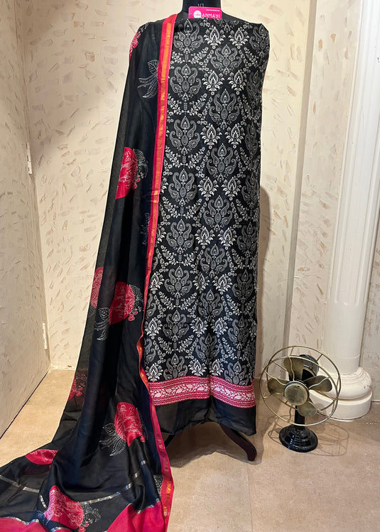 Pure Maheshwari red black combination suit set