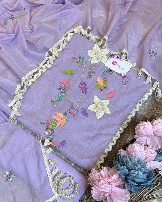 Wool mirror work Mul Chanderi sets with tassel dupatta