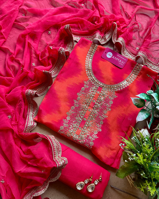 Chiffon Ikkat print festive coming suit set