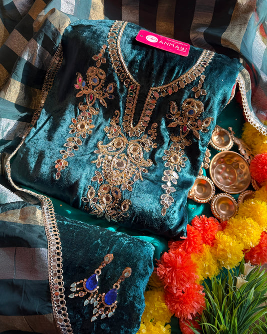 Hand work mirror design pure velvet suit set