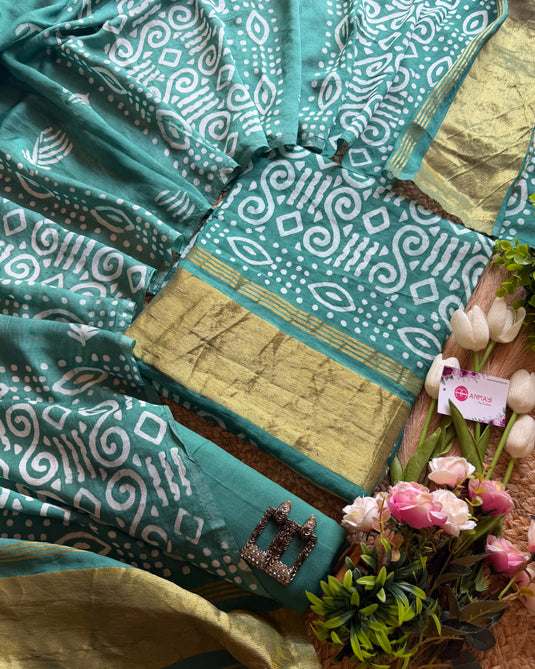 Muslin cotton batik print Zari weave suit set
