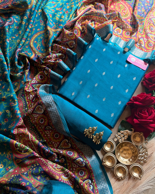 Peacock banarasi pure silk suit with print dupatta