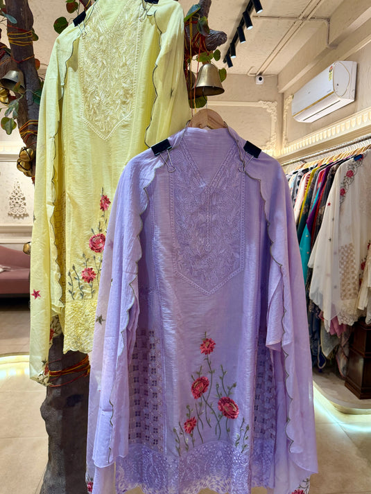 Pakistani Crochet Cutwork detailed Mul Chanderi suit with shimmer effect