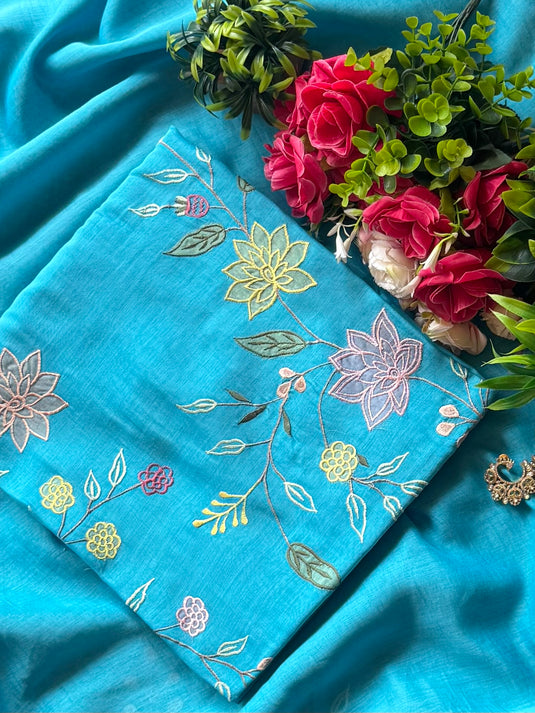 Appliqué work pure mul chanderi suit set