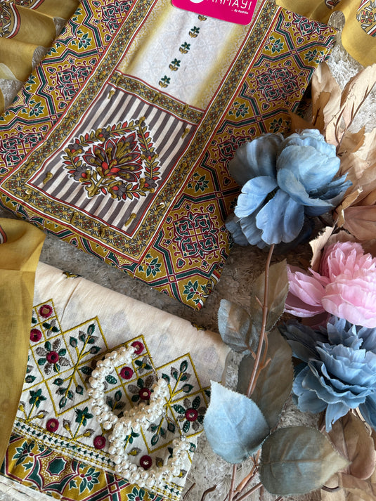 Arabic print cambric cotton suit set with embroidered bottom