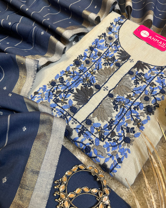 Pure and soft handloom french knot work suit set