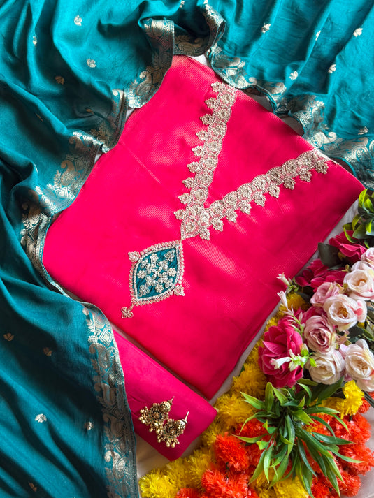 Shimmer lines combination cotton silk suit set with jacquard dupatta