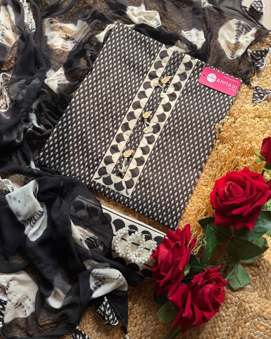 Abstract print cotton suit set with semi chiffon tassel batik dupatta