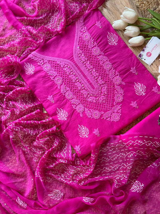 Lucknawi Chikankari fuchsia pink suit set with chiffon dupatta