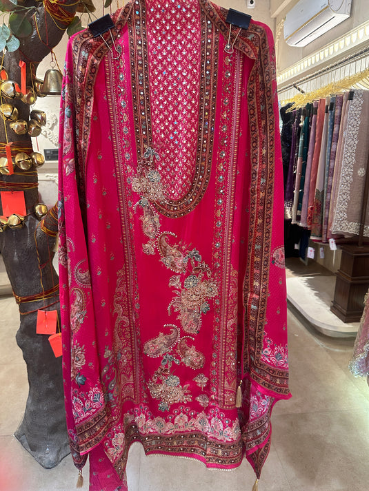 Pink Muslin Suit Set with mirror details