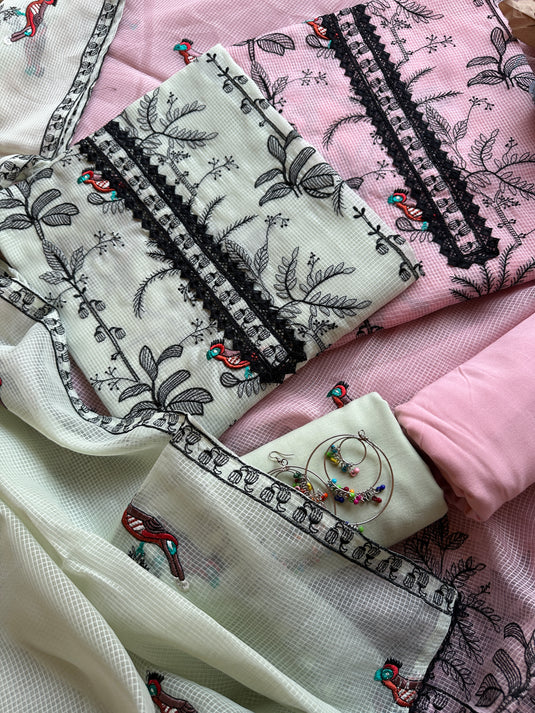 Kota Doria embroidered jaal parrot work suit set
