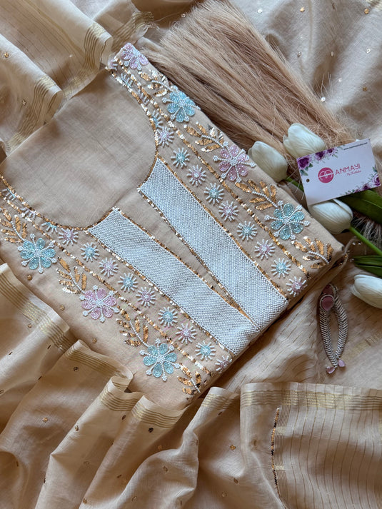 Pure Mul Mukaish Kamdani hand embroidered suit set (Design 2)